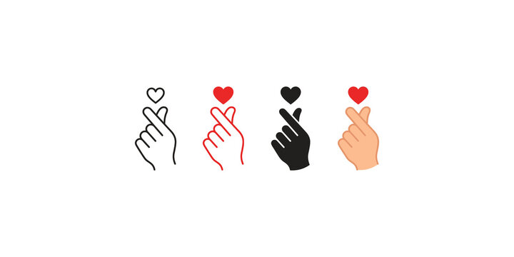 Korean finger heart hand sign collection with red heart symbols for love and appreciation expressions.