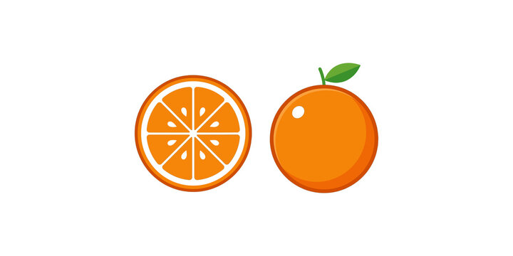 Orange fruit slice and whole citrus icon vector design set with vibrant orange and green colors for food projects.