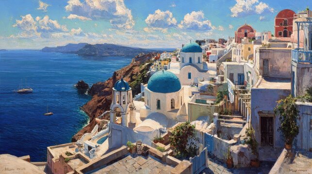 Whitewashed chapel with blue dome on rocky coastal cliff above glittering Aegean Sea, facing distant island horizon under clear sunlit sky with serene Mediterranean scenery