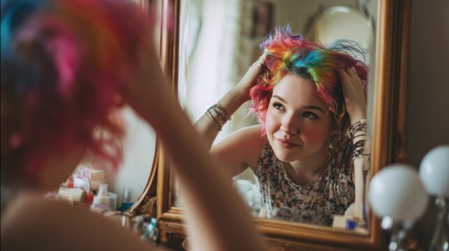 A Vibrant and Expressive Portrait of a Stylish Young Woman with Colorful Hair in an Artistic Mirror Setting