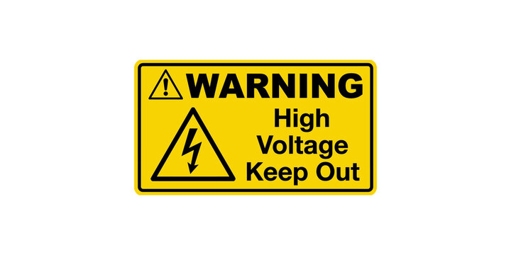 High voltage warning sign with lightning bolt indicates electrical hazard and keep out message.
