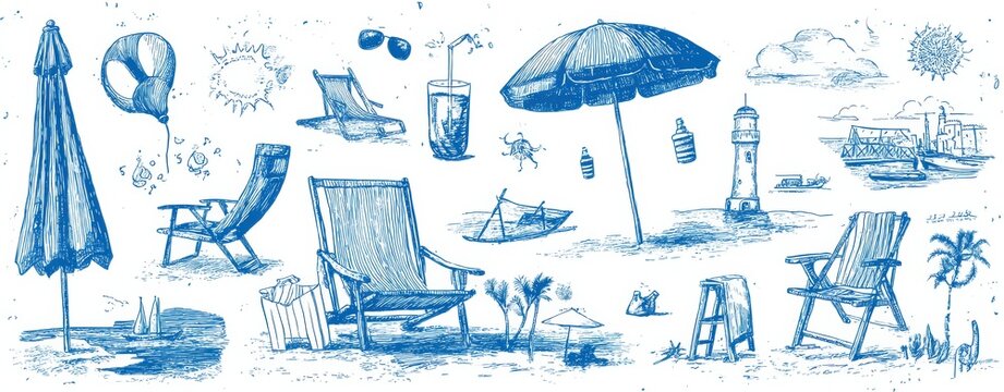 Hand drawn seaside vacation collage with sailboat, palm trees, bungalow and coastal activities in ink sketch style across panoramic layout for travel themed decor and print projects