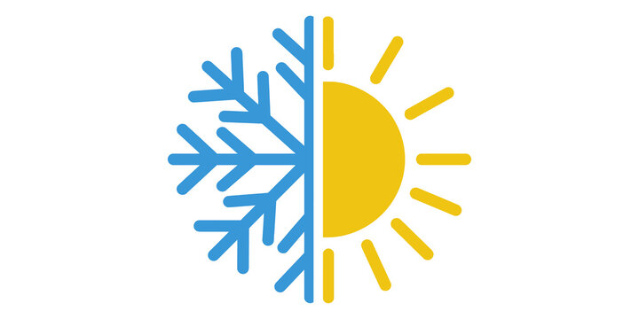 Dual concept weather icon with half blue snowflake and half yellow sun element for climate change and seasonal transition graphics.