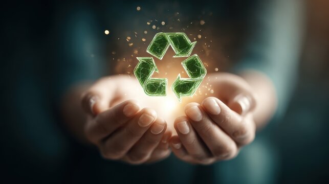 Cupped hands presenting glowing recycling symbol made from green leaf fragments and particles with warm light and soft city bokeh background, with recycling, recycle, hand, palm detail