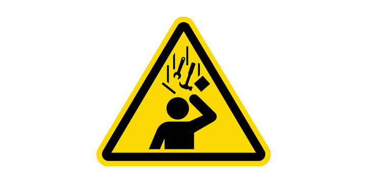Falling objects hazard warning sign yellow triangle icon for construction site safety.
