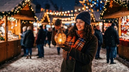 Fototapeta premium Woman holding a glowing lantern at a snowy Christmas market at night