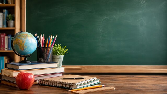 Items like books and writing tools sit on a desk near a chalkboard, showing the start of school and Teacher's Day. This image is good for design templates.