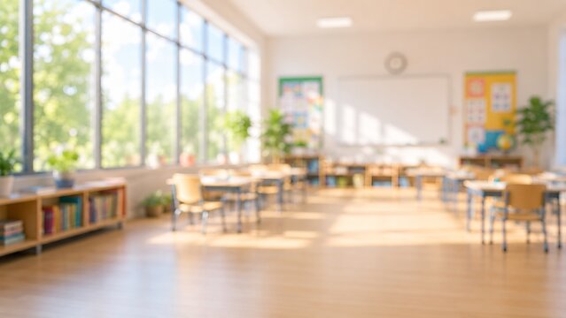 Classroom walls blurred softly, showcasing bright study spaces with wide windows and lovely light.