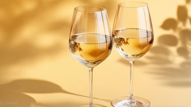 Two elegant wine glasses filled with refreshing white wine are beautifully presented on a bright yellow surface