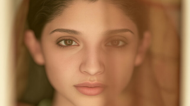Young Woman Portrait Seen Through Warm Translucent Glass