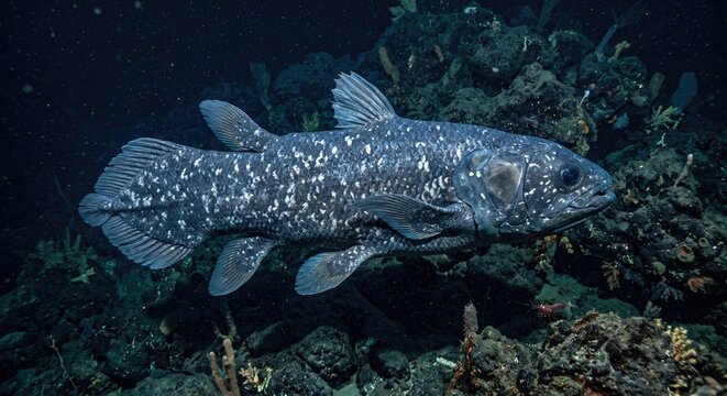 Ancient Coelacanth Fish Swimming in Deep Water