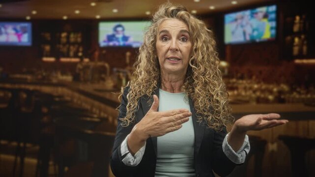 Woman middle age blonde curly hair showing open hand and pointing finger while speaking with expressive face in a dim bar inside a building; concern.