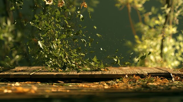 Leaves fall around a wooden stage, shown in a 3D picture.