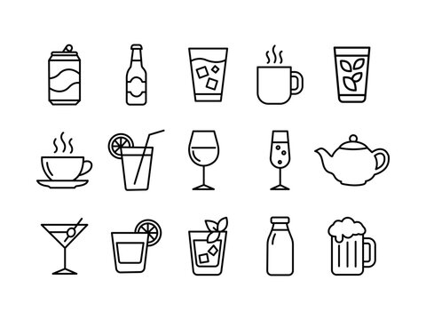 Drink and beverage outline icon set line art vector