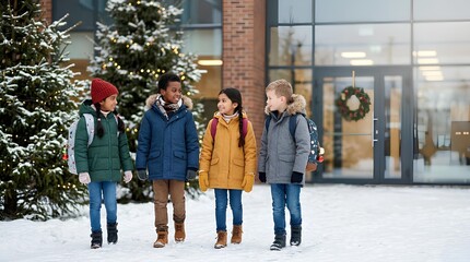 Obraz premium Diverse group of four primary school children walking together in the snow outside a modern building decorated with Christmas trees and a festive wreath, wearing colorful winter coats.