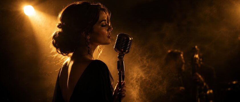 Elegant female singer performs into a vintage microphone on a smoky stage