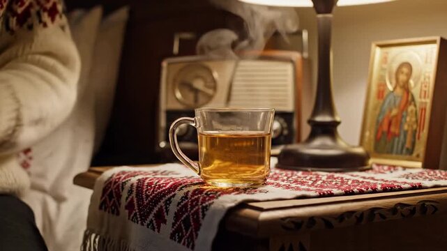 Close up view of hands carefully laying out patterned textiles on a wooden surface, rich cultural textures, artisanal craftwork detail for background use