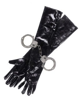Latex black fetish gloves and accessories isolated on white background
