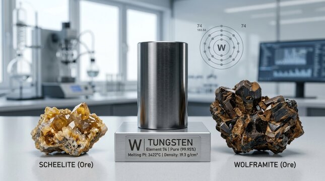 Tungsten element sample with scheelite and wolframite ore in laboratory