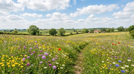 Obraz premium Vibrant wildflower meadow in full bloom under a bright blue sky with fluffy clouds
