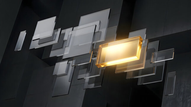 Floating glass rectangles with bright golden light center
