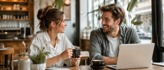 Fototapeta premium Young professionals enjoying coffee and conversation at a cafe table