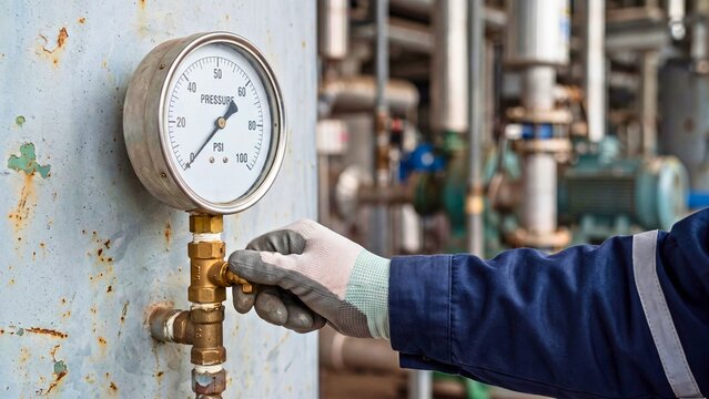 Worker checking pressure gauge valve at industrial plant representing manufacturing equipment maintenance and factory safety inspection