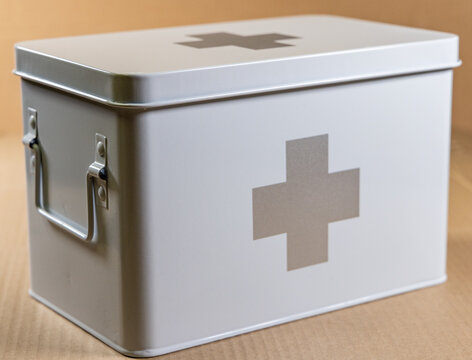 White Metal First Aid Kit Box with Medical Cross Symbol