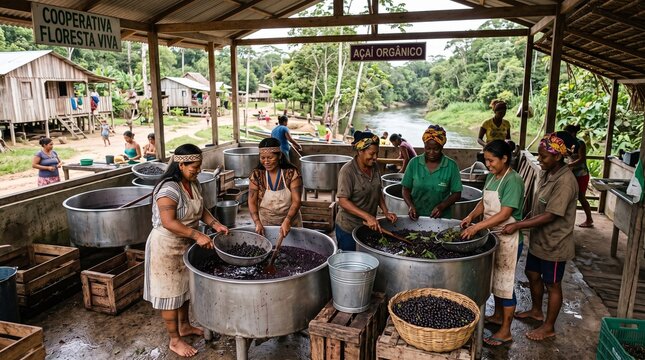 Brazilian a&ccedil;a&iacute; production chain Brazilian Amazon women processing wild harvested organic acai berries in a riverside cooperative for global export