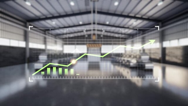 3d industrial warehouse featuring steel coil storage, digital growth chart overlay, rising arrow, financial analytics, business performance, manufacturing industry, market trend, investment growth.