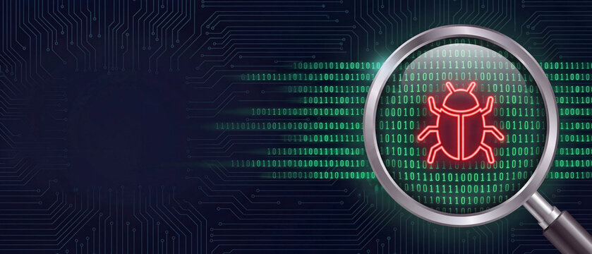 Magnifying glass detecting digital bug icon on binary code background representing cybersecurity malware detection and virus scanning