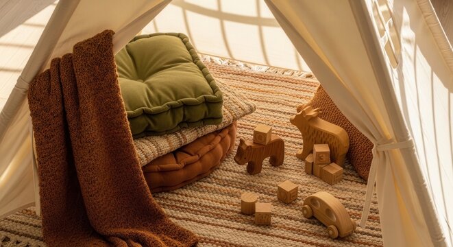 Cozy Children's Play Tent With Natural Toys And Soft Furnishings