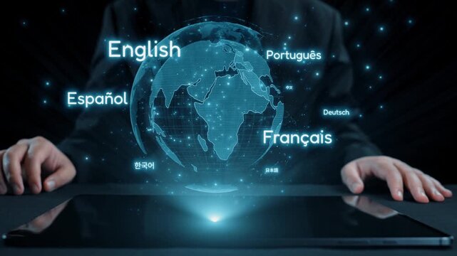 A visually striking representation of global language learning with a digital map showcasing multiple languages. The concept emphasizes technology and communication. Qubit