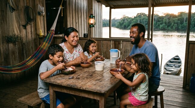 Brazilian a&ccedil;a&iacute; production chain Brazilian Family Enjoys A&ccedil;a&iacute; Harvest Meal in Amazon Rainforest Home by River