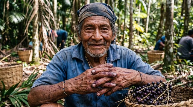 Brazilian a&ccedil;a&iacute; production chain Indigenous Amazonian elder proudly displays freshly harvested wild a&ccedil;a&iacute; berries, symbolizing traditional harvesting and the Amazonian supply chain