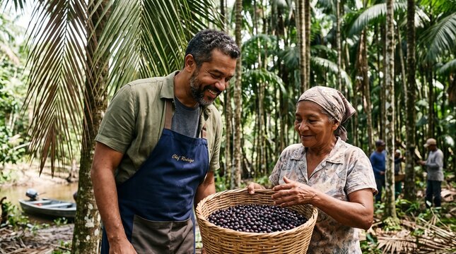Brazilian a&ccedil;a&iacute; production chain Authentic Brazilian A&ccedil;a&iacute; Harvest in Amazon Rainforest with Local Harvesters and Chef Rodrigo