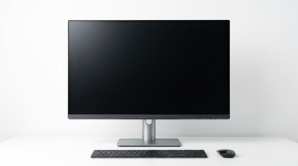 Fototapeta premium Modern computer monitor with keyboard and mouse on a clean white desk