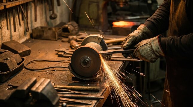 Blacksmith sharpens metal tool with grinding wheel creating sparks in workshop