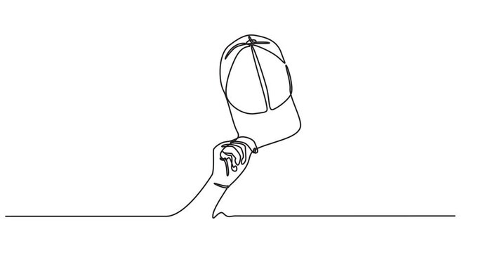 a hand holding a baseball cap animation continuous one line drawing, sports cap continuous one line drawing animation, Animated self drawing of continuous one line draw uniform cap or hat icon. Mockup