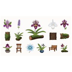 Fototapeta premium Exquisite botanical illustration set with tropical slipper orchids, mossy wooden logs, potted house plants and rustic furniture on clean white background, concept for nature design, perfect for