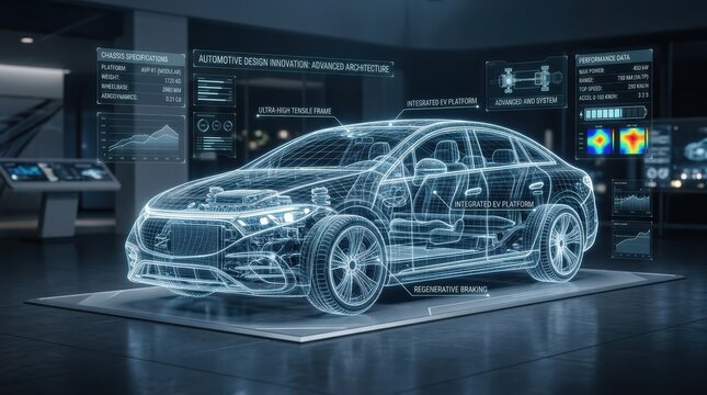 Futuristic electric car blueprint with advanced data visualizations