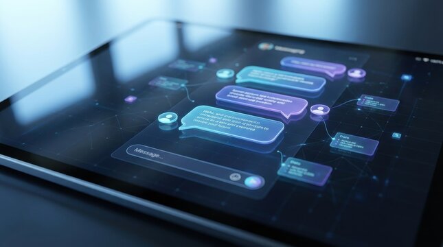 Digital tablet displaying a futuristic chat interface with glowing message bubbles