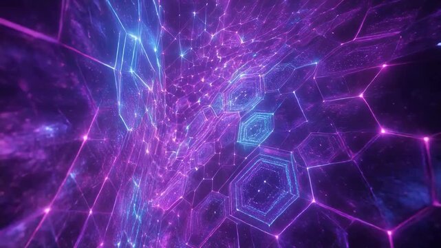 Abstract glowing hexagonal grid with a vortex in purple and blue hues