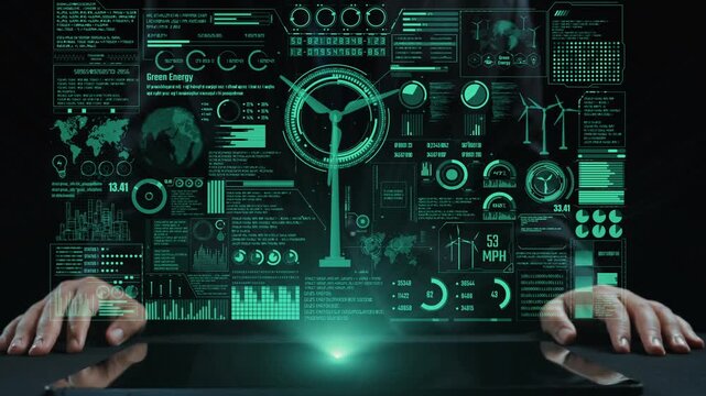 Experience a cutting-edge digital dashboard showcasing green energy data, featuring wind turbine graphics and interactive user interface elements for efficient analysis and decision-making. Cipher