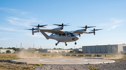 Fototapeta premium Electric air taxi successfully lands at a remote test pad