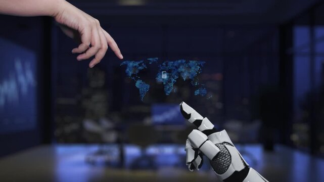 This image captures a robotic hand reaching toward a digital representation of locks connected through a network, symbolizing modern cybersecurity in a sleek office environment. Synapse