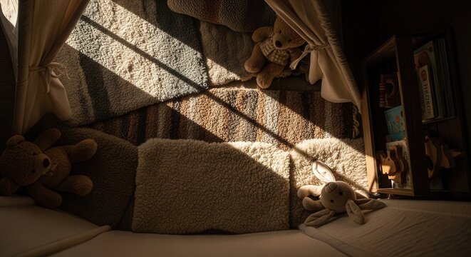 Cozy Childrens Play Tent Sanctuary With Teddy Bears And Sunbeams