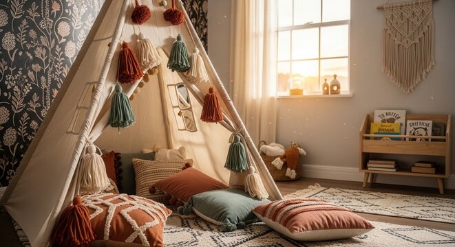Cozy Childrens Play Tent With Bohemian Decor And Soft Pillows