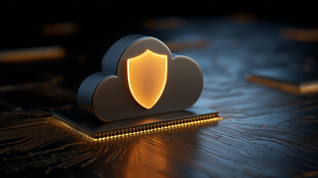 A cloud with a shield rests on a microchip representing secure cloud computing and protected digital data infrastructure.
