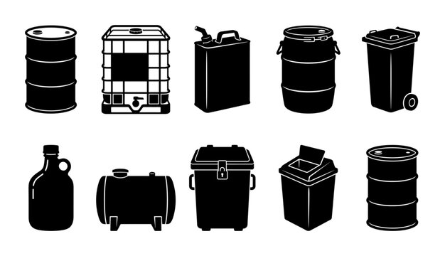 Black and White Industrial Containers and Storage Tanks Vector Set Featuring Various Metal Drums Plastic Bins and Liquid Storage Vessels